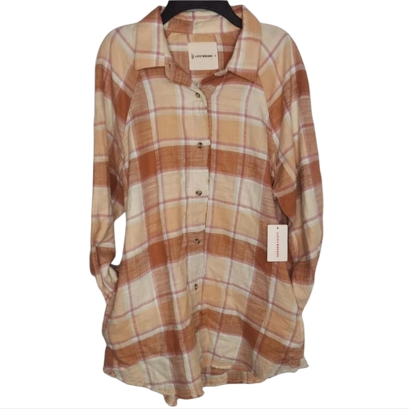 NWT Lucky Brand Flannel Shirt With Pockets Women's Small SM Pink Peach Brown - Picture 1 of 11